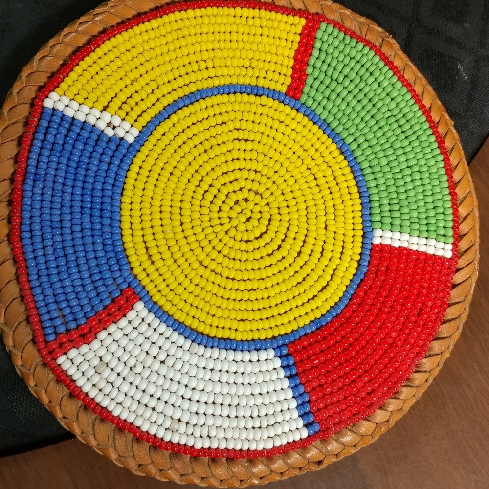 Beaded & Leather Trivet/Wall Hanging Basket